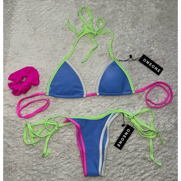 NWT OneOne Swimwear Bikini Set Derawan Jesse Kameron Colorblock Neon Blue - Picture 2 of 6